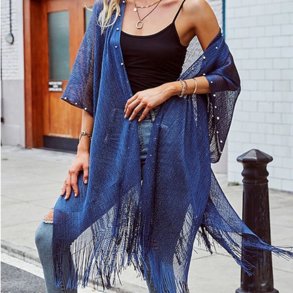 NEW Stunning Womens Dark Blue OSA Casual Jacket Decorative Pearls Tassels Comfy!